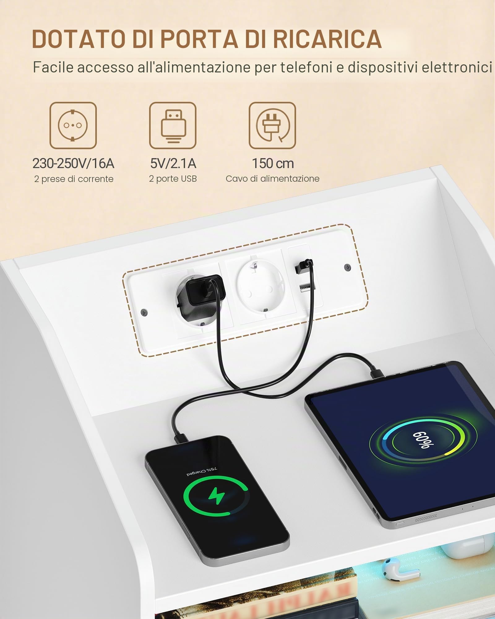 Hzuaneri Comodino Set di 2, 2 Cassetti, Luce LED, Presa Elettrica, Bianco | 1 Vano Aperto, Comodini Camera da Letto, 2 Prese AC, 2 Porte USB, 35 x 40 x 58 cm, NS60103XEU