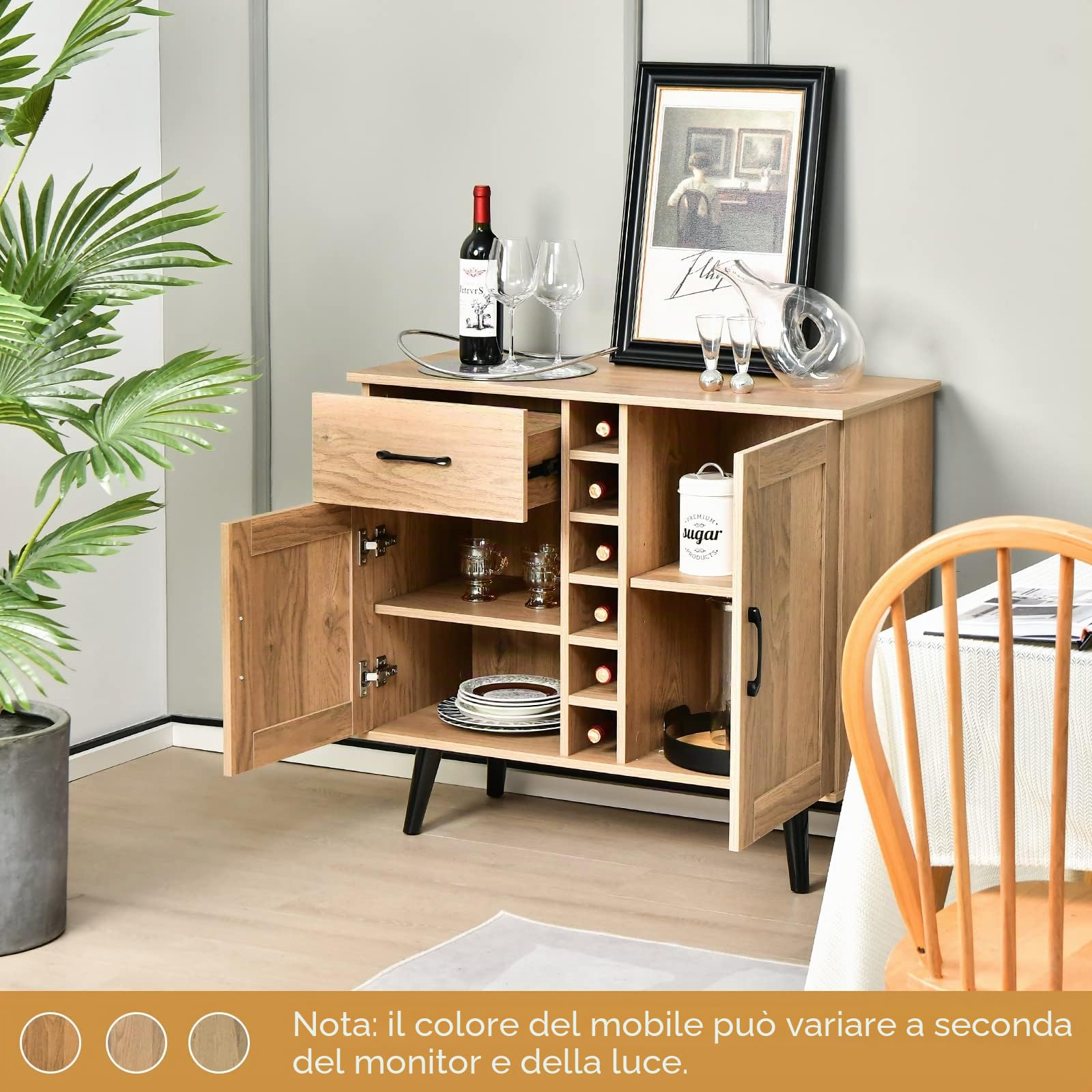 GIANTEX Credenza da Cucina con Porta Vino per 6 Bottiglie, 90 x 40 x 79 cm, Mobile da Bar con 2 Ante e 1 Cassetto, Ripiani Regolabili, per Sala da Pranzo e Soggiorno (Naturale)