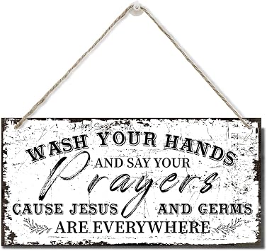 Wash Your Hands And Say Your Prayers Sign, Printed Wood Plaque Sign Wall Hanging, Wash Your Hands Sign Bathroom Decor, Jesus And Germs Sign, Funny Bathroom Decor Wall Art Sign 12" x 6" E