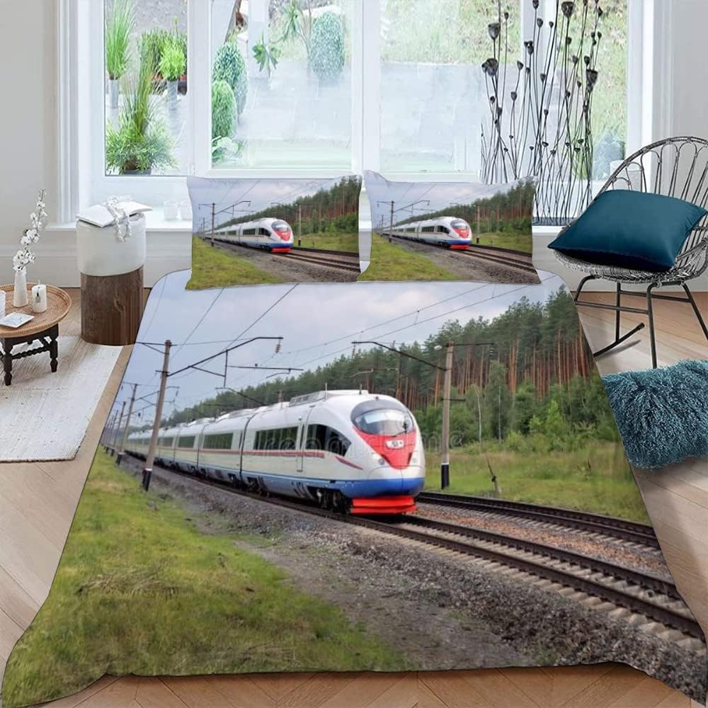 Pociąg zestaw poszewek na kołdrę tory kolejowe poszewki na kołdrę miękka mikrofibra poszewka na kołdrę rozmiar cesarski 290 x 235 cm poszewka na kołdrę 3D z zamkiem błyskawicznym i 2 poszewkami na