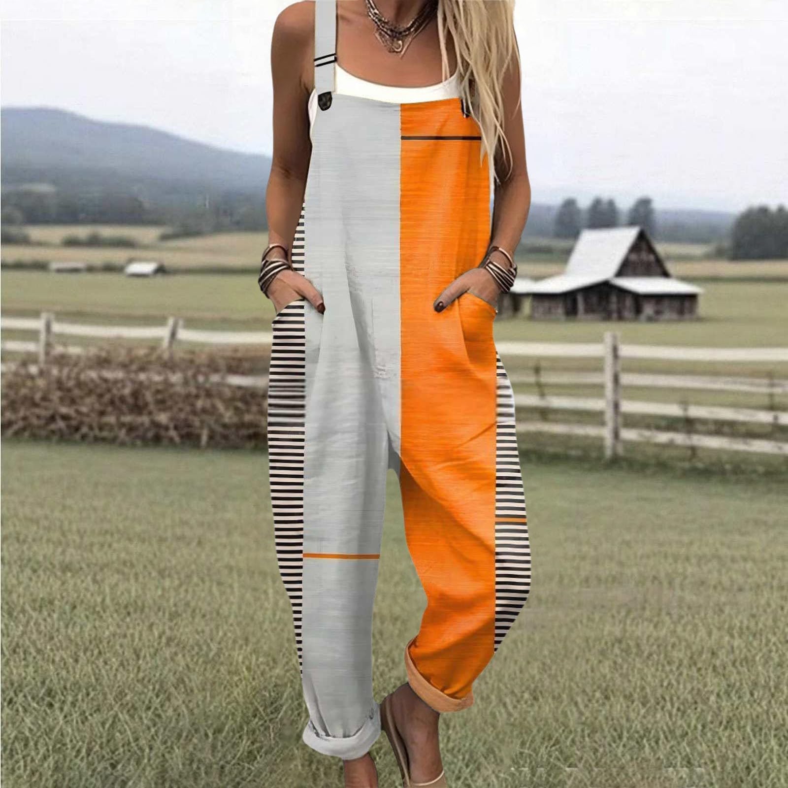 Generico Salopette Donna Estiva Lunga Elegante Tuta Jumpsuit Intera Curvy Casual Moda Stampa Jumpsuits Comoda Larga Pantaloni Da Lavoro Con Tasca Leggera Baggy Salopettes da Casa, Playsuit Mare