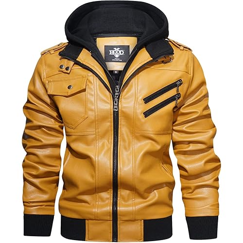 HOOD CREW Men’s Casual Stand Collar PU Faux Leather Zip-Up Motorcycle Bomber Jacket With a Removable Hood
