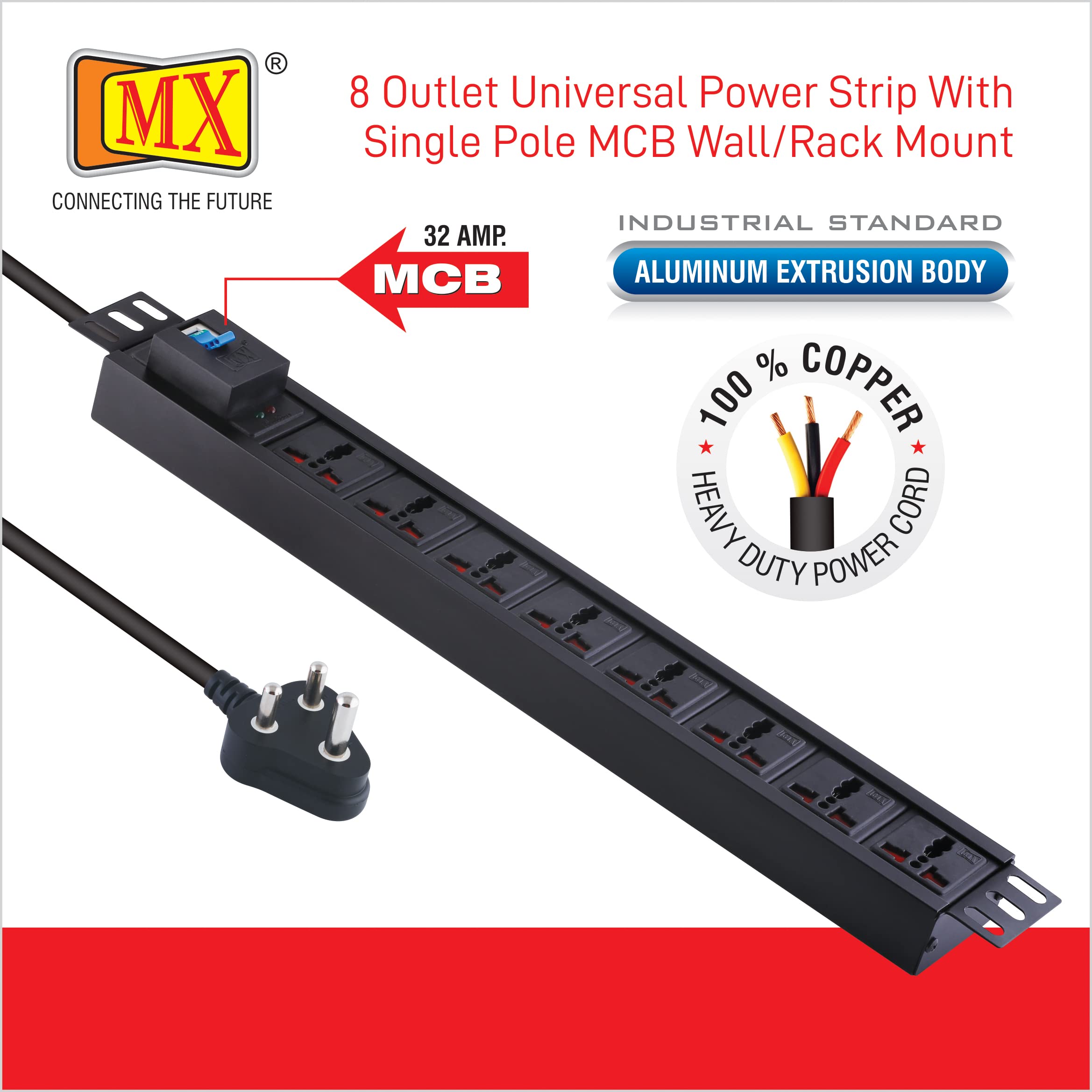 MX Extension Board 8‑Outlet 1500 W/5 A Power Strip – 0.75 mm² ISI