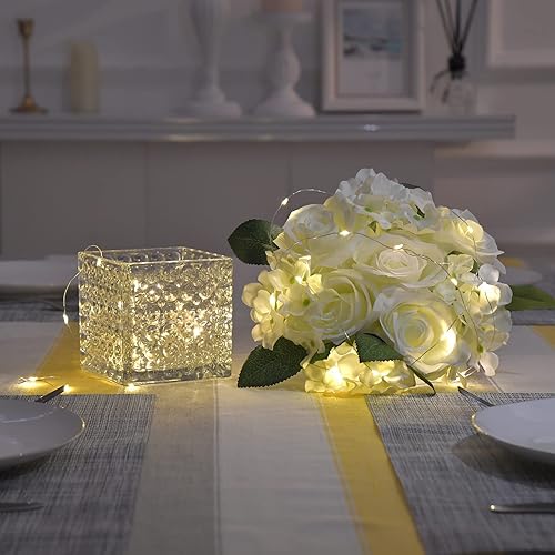 Miniatura 2 de Fule - Arreglo de centro de mesa de rosas artificiales de seda en jarrón de vidrio con luz LED para decoración del hogar y boda (blanco)