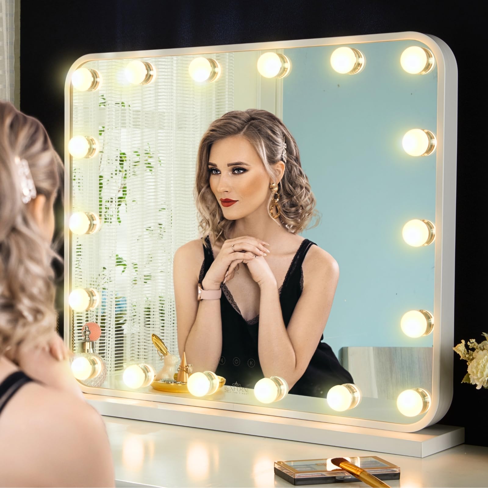 LUXFURNIVanity Mirror with Lights, Makeup Mirror with Lights 18 Dimmable Bulbs, Hollywood Lighted Mirror for Bedroom, Smart Touch Control(White)