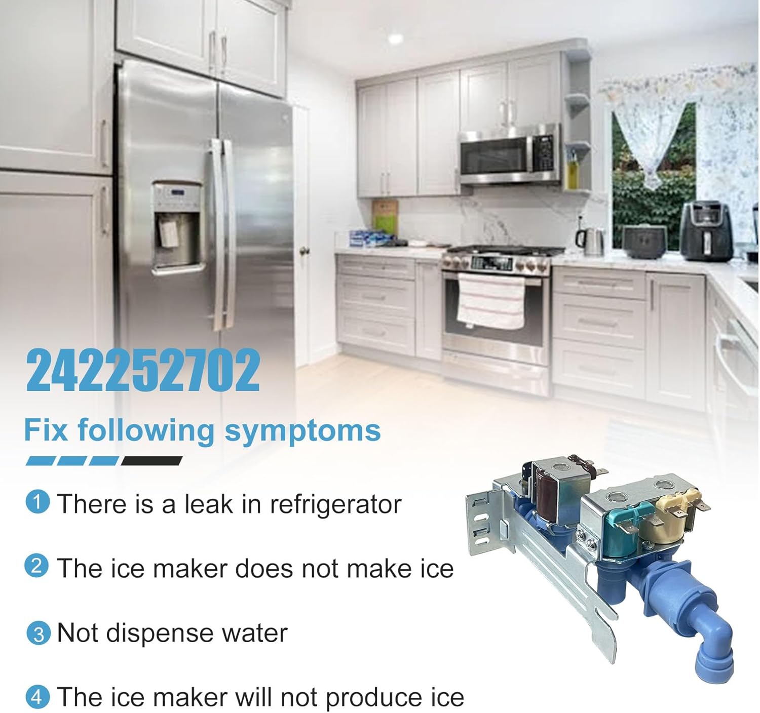 242252702 Water Inlet Valve Replacement for Frigidaire, Kenmore, Electrolux, Crosley Refrigerator, Replace Parts Number 240531101, AP5671757, 241734302, 241734301, ps7784018, 1 Year warranty