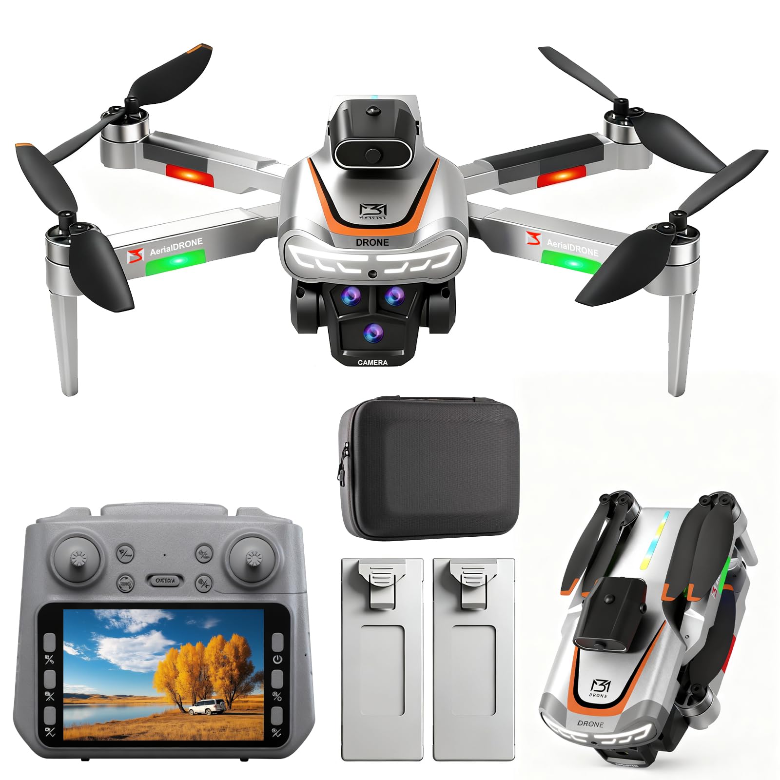 Drohne mit Kamera, 4,3'' Fernbedienung mit Bildschirm, Klappbare RC Drohne, Automatische Rückkehr, Bürstenloser Motor, 2 Batterien, für Erwachsene und Anfänger, unter 249g