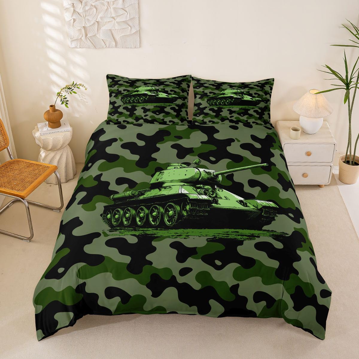 Couvre lit véhicule militaire 200x200 parure housse de couette verte camouflage