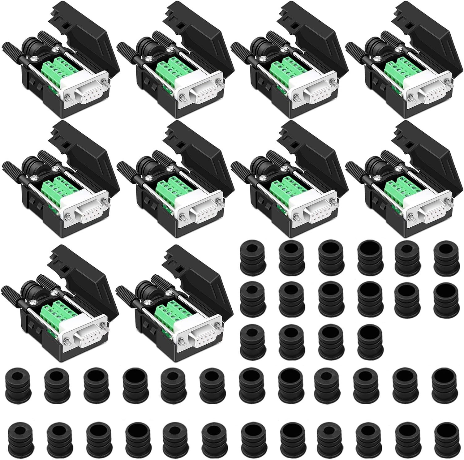 10PCS DB9 Female Breakout Connector,DB9 Solderless RS232 D-SUB Serial to 9-pin Port Terminal Adapter Connector Breakout Board with Case Long Bolts Tail Pipe