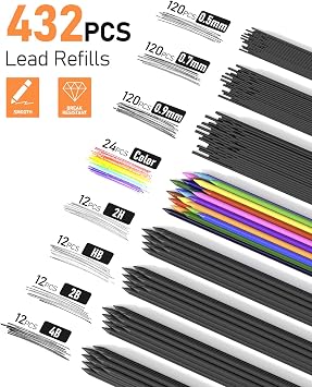 Four Candies 25PCS Mechanical Pencil Set, 0.5, 0.7, 0.9 & 2mm, Storage Case
