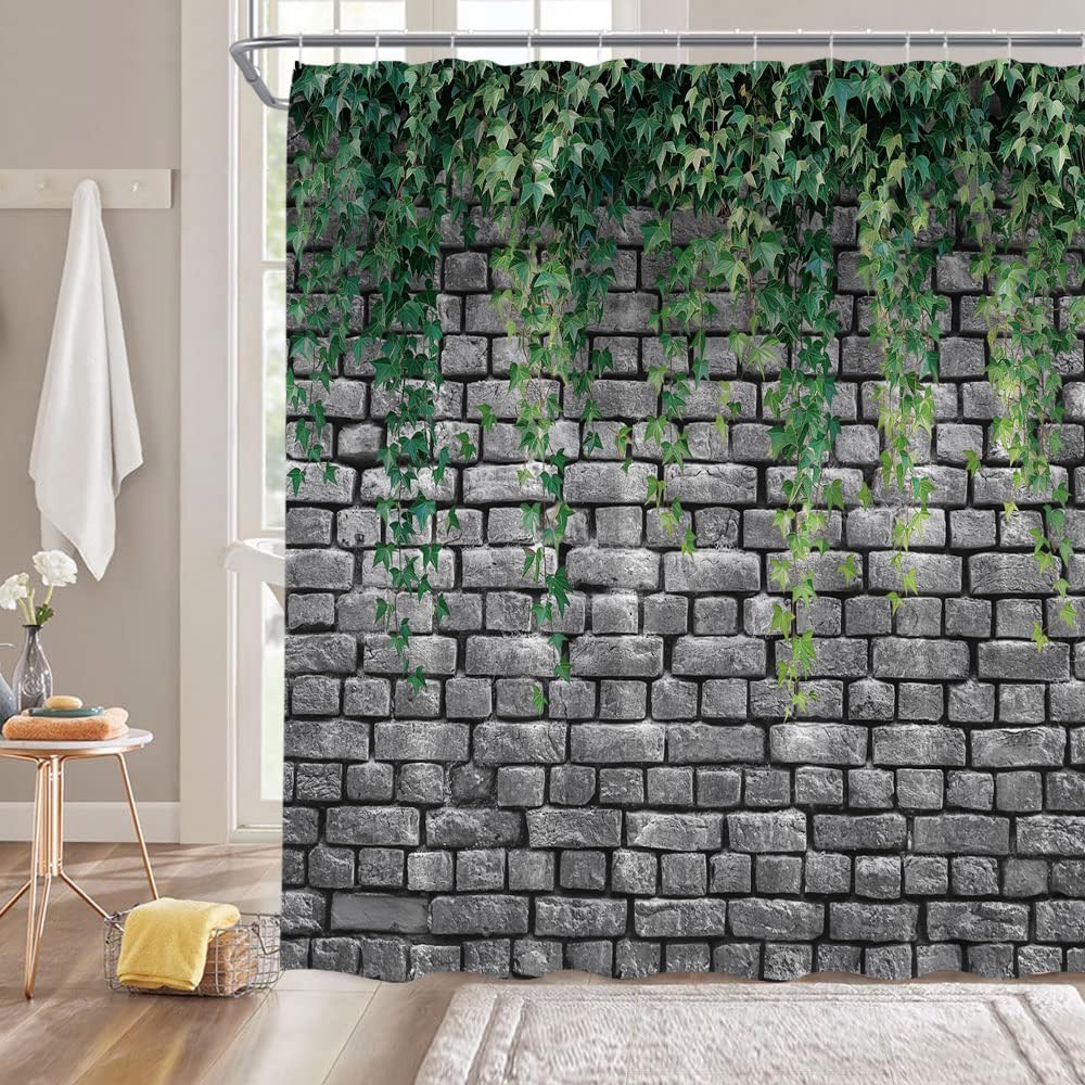 Brick Wall Shower Curtain Green Leaves Retro Gray Stone Brick Rocks Rustic Country Farmhouse Geometric Wall Fabric Bathroom Decor Curtain with Hooks