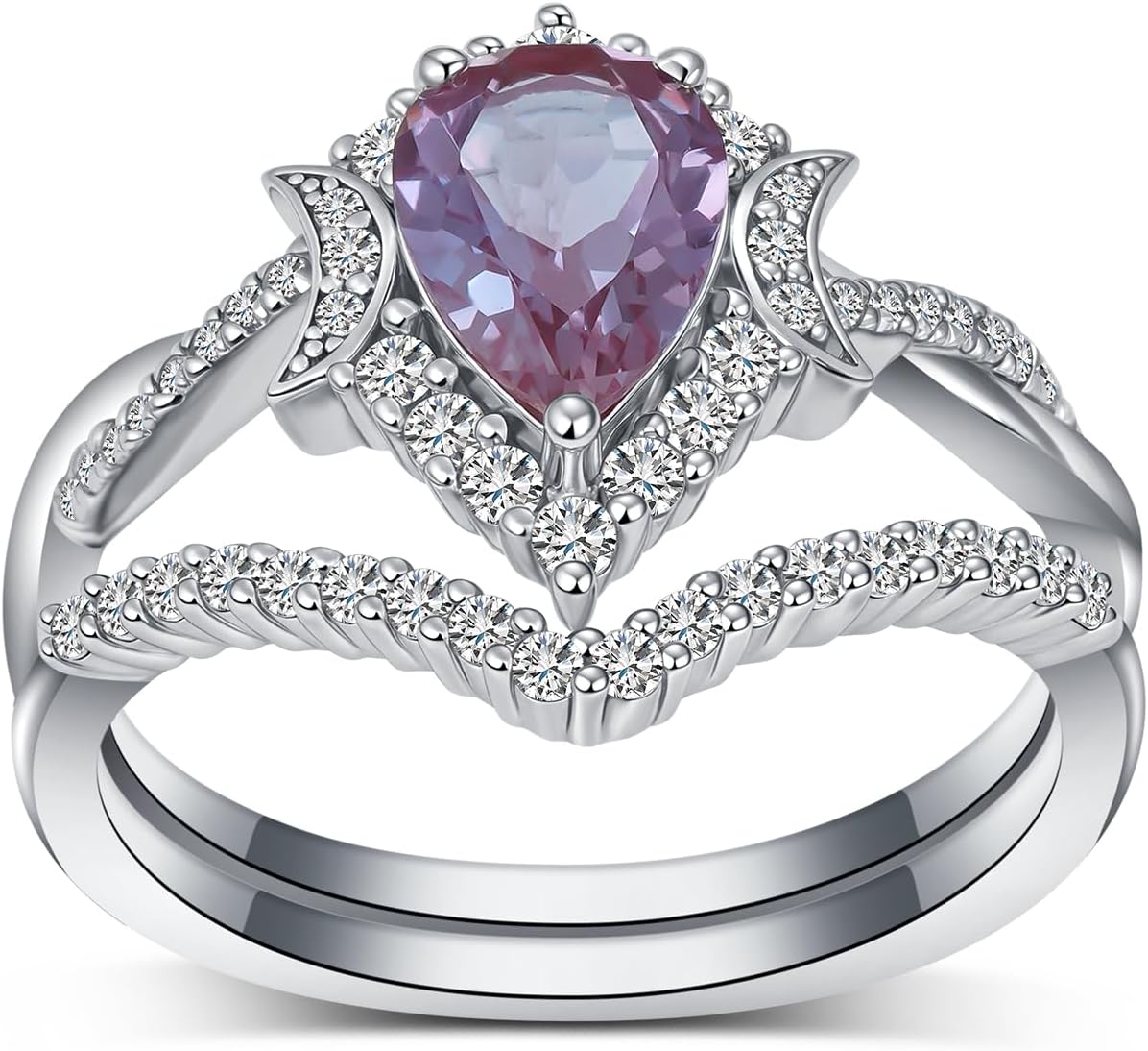 Pear Cut Natural Alexandrite Center Wedding Rings Sets,18K White Gold Platinum Plated Infinity Twisted Engagement Ring Sets S925 Bridal Ring Sets for Her Women Gift for Anniversary Wedding