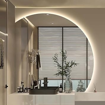 Bathroom Mirror With LED Light, 50cm 60cm 70cm 80cm Wall Mirror With Demister Pad, Semi-circular Vanity Mirror, Makeup Mirror, 3-Color Dimmable LED Light, Smart Touch SwitchSize80cm,ColorLeft cut