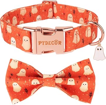 PTDECOR Halloween Dog Collar with Bow, Orange Cute Ghost Collar, Medium | Multi Size, Metal Buckle, Detachable Bow Tie, Soft & Comfy, Adjustable Orange Ghost Halloween Collar for Medium Dog Pet