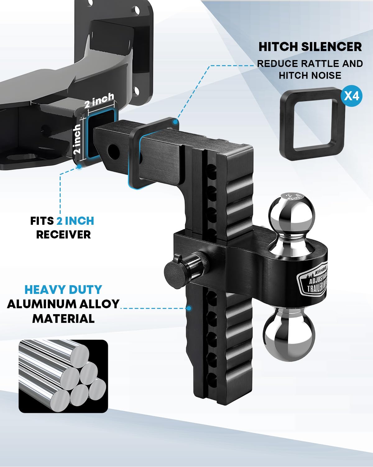 Adjustable Trailer Hitch – 2.5” Receiver, 8” Drop/Rise, 12,500 Lbs GTW, Dual Ball (2” & 2-5/16”), Anti-Rattle & Locking Pins