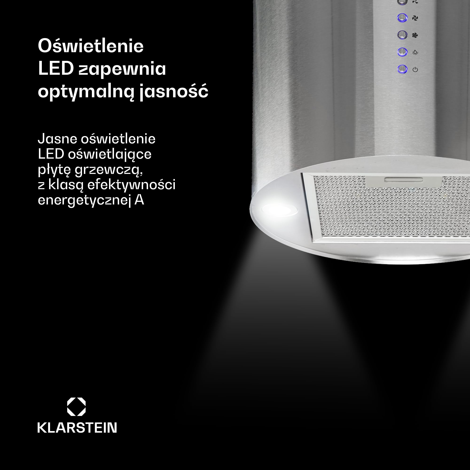 Klarstein Okap kuchenny, Okap wyspowy wiszący, wyciągowy/z recyrkulacją do montażu sufitowego, z 3 biegami, Timer, Przepływ powietrza 519m³/h i filtr węglowy