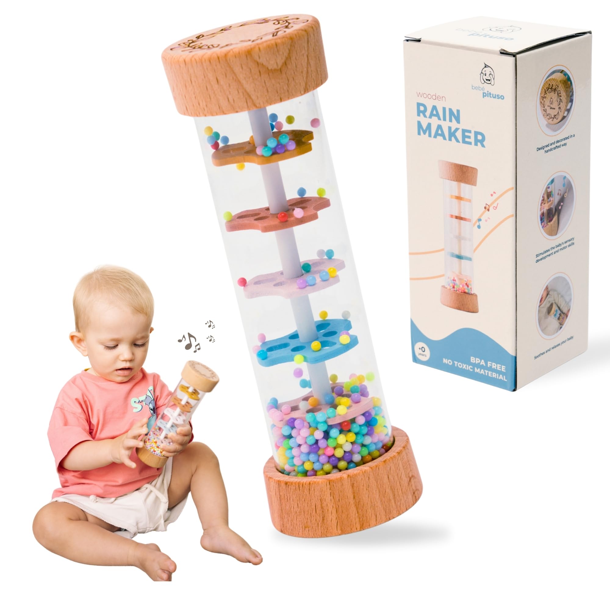 Palo de lluvia bebe | Juguete Montessori 0-6 meses | Estimulación temprana bebes | Juguetes sensoriales bebe 0-6 meses | Instrumentos musicales bebé | Sonajero Bebe Pituso