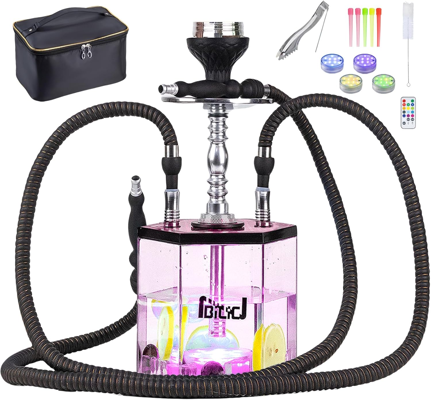2 Hose Large Hookah Set – Premium Acrylic Shisha Hookah with Everything Included, Large Cloud Performance Magical Remote LED Lights & Travel Case Cleaning Brush for Ultimate Experience (Blue)