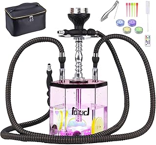2 Hose Large Hookah Set – Premium Acrylic Shisha Hookah with Everything Included, Magical Remote LED Lights & Travel Case Cleaning Brush for Ultimate Experience (Pink)