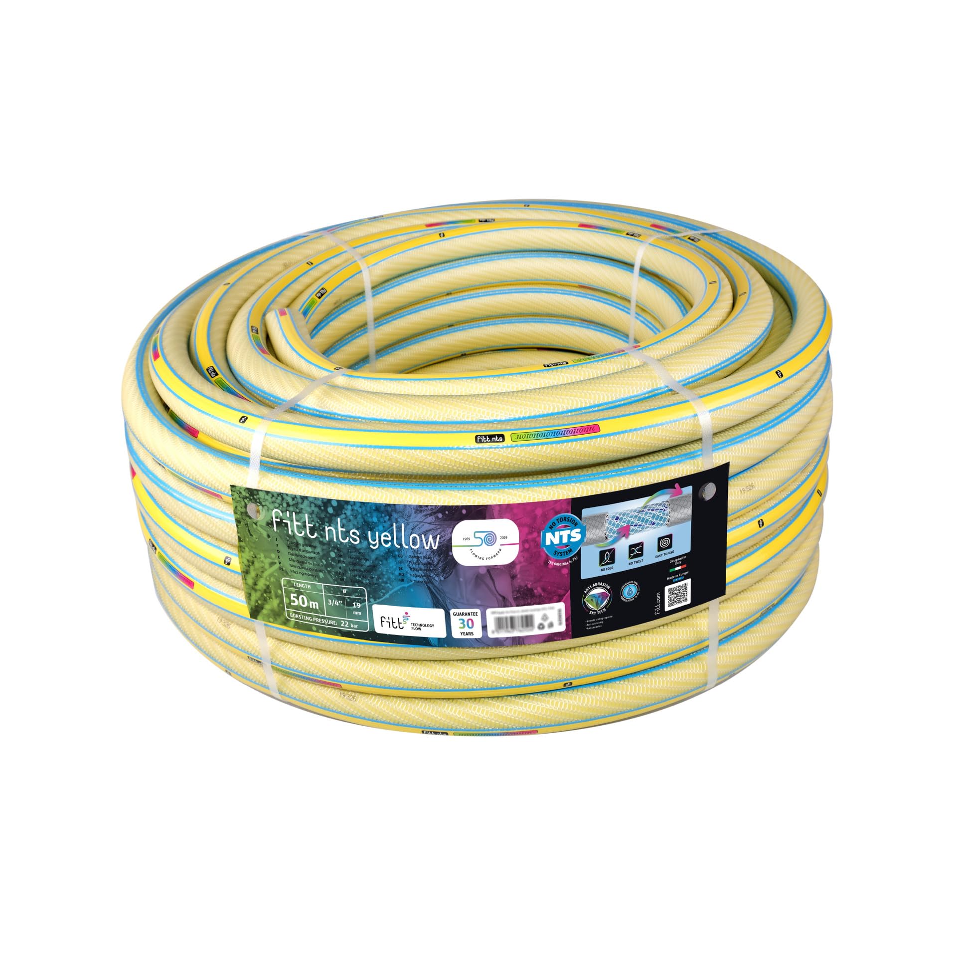 FITT NTS Yellow 3/4" (19mm) 50m - Strong and malleable Yellow Garden Watering Hose for Intensive Use Featuring Exclusive Technologies
