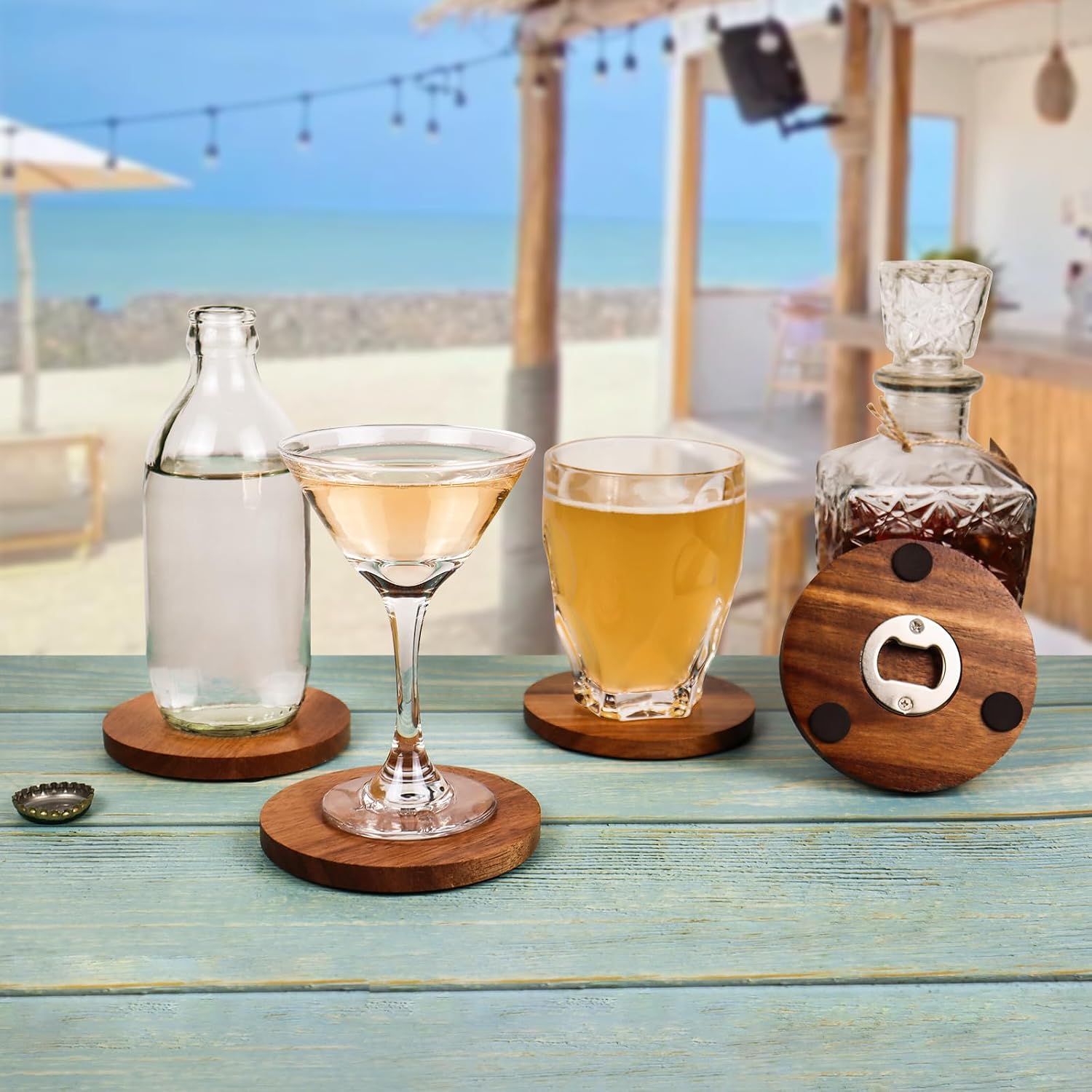 2-in-1 Wood Coasters with Bottle Opener, Set of 6 – Unique Acacia Wood Drink Coasters with Stainless Steel Openers & Non-Slip Feet – Durable and Functional for Beer or Soda Drinking