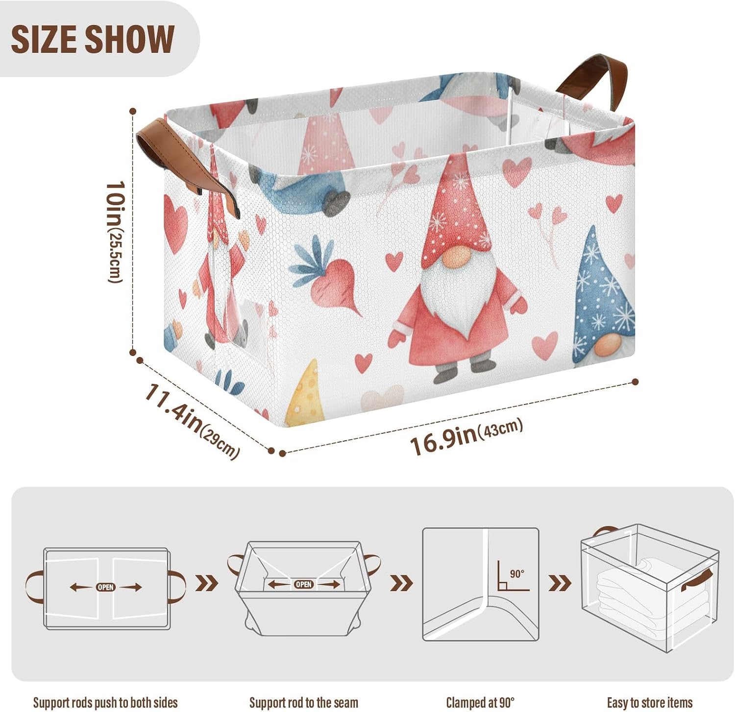 Colorful Gnomes Leaves Rectangular Storage Bin Collapsible storage Basket with Handles Laundry Basket for Organizing Home Kitchen Office Bedroom Toy Bin Closet Shelf Baskets 2PCS