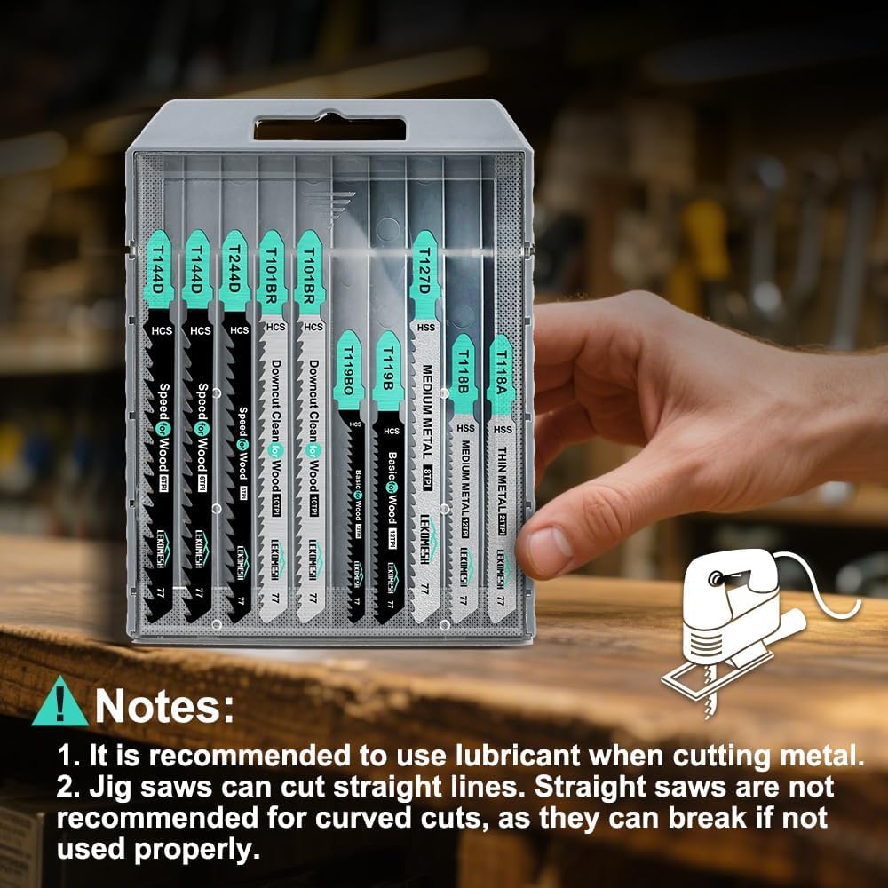 50 PCS Contractor Jigsaw Blades Set - Assorted T-Shank Jig Saw Blades for Wood, Plastic and Metal Cutting(T118A*5-T118B*5-T127D*5;T119B*5-T119BO*5-T101BR*10-T144D*10-T244D*5)