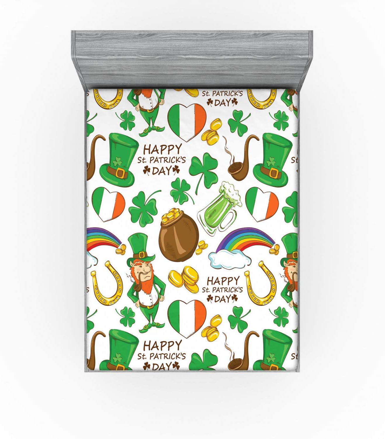 Ambesonne St. Patrick's Day Fitted Sheet, Irish Party Pattern Beer Leprechaun Flag Hearts Rainbow Gold Shamrock, Bed Cover with All-Round Elastic Deep Pocket for Comfort, Queen Size, Multicolor
