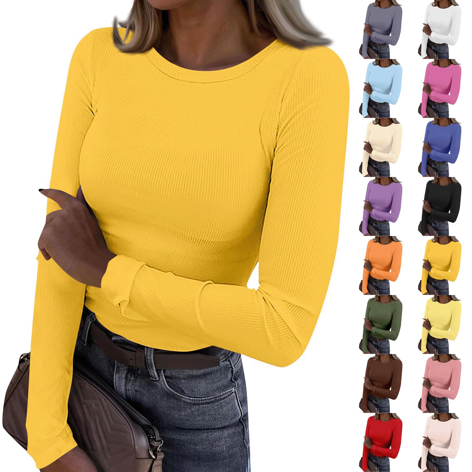Ribbed Long Sleeve Tops for Women Stretch Slim Crew Neck Basic Shirts Lightweight Trendy Fall Going Out Tops