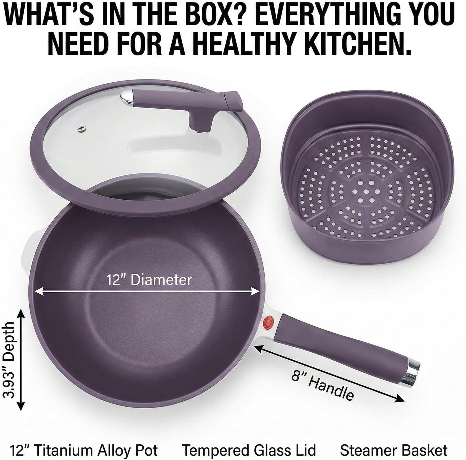 12 Inch Titanium Alloy Nonstick Frying Pan with Lid & Steamer Basket, PFOA Free, Dishwasher Safe, Induction Compatible, Multipurpose Saute Pan for Healthy Cooking (Purple)