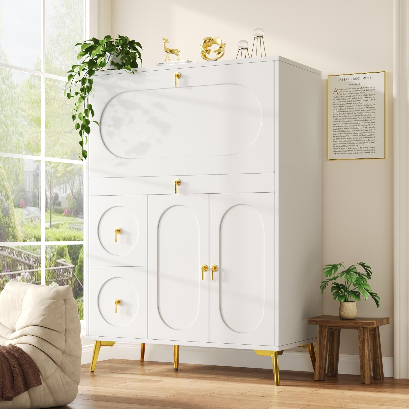 PUGSDRLY Secrétaire Meubles de Bureau,Bureau Pliable avec Rangement,Table de Travail,Meuble de Rangement Blanc (100×50×140cm)