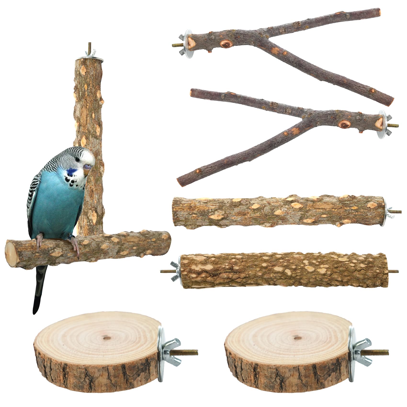 Bird Perch Stand, Pole Standing Natural Wood Bird Perch Set 7PCS Paw Grinding Fork Parrot Cage Branch with Rope Cage Accessories Toys for Parakeets, Cockatiels, Conure, Budgies (Brown 1)