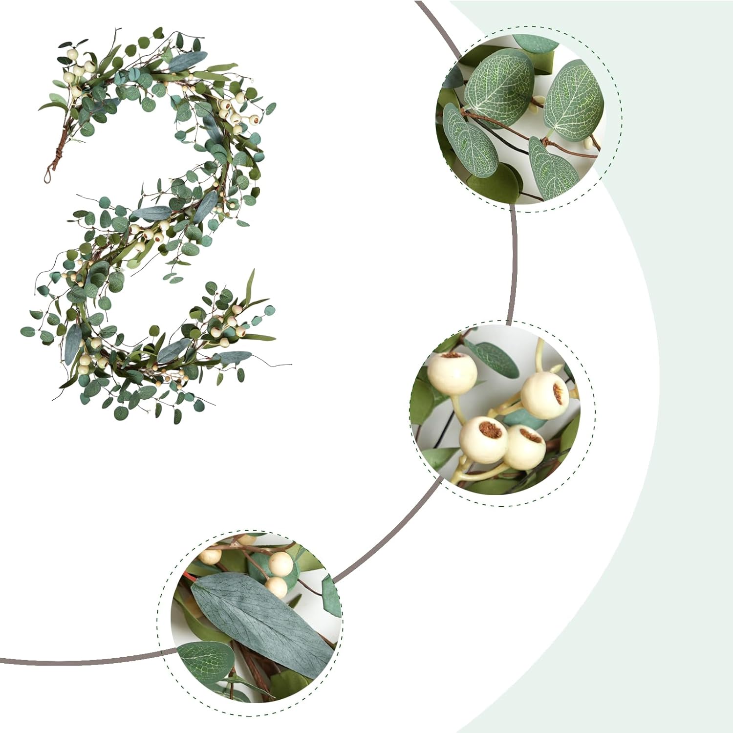 6FT Spring Garland with Eucalyptus White Berry Artificial Summer Spring Garland for Mantle Wedding Arch Porch Window Indoor Outdoor Decor Home Decoration All Seasons