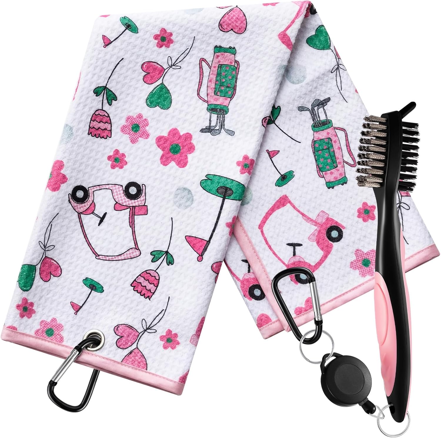 Liliful Woman Golf Accessories Kit Include 19.69 x 15.75 Inches Microfiber Waffle Golf Towel and Club Groove Cleaner Brush for Woman Gifts