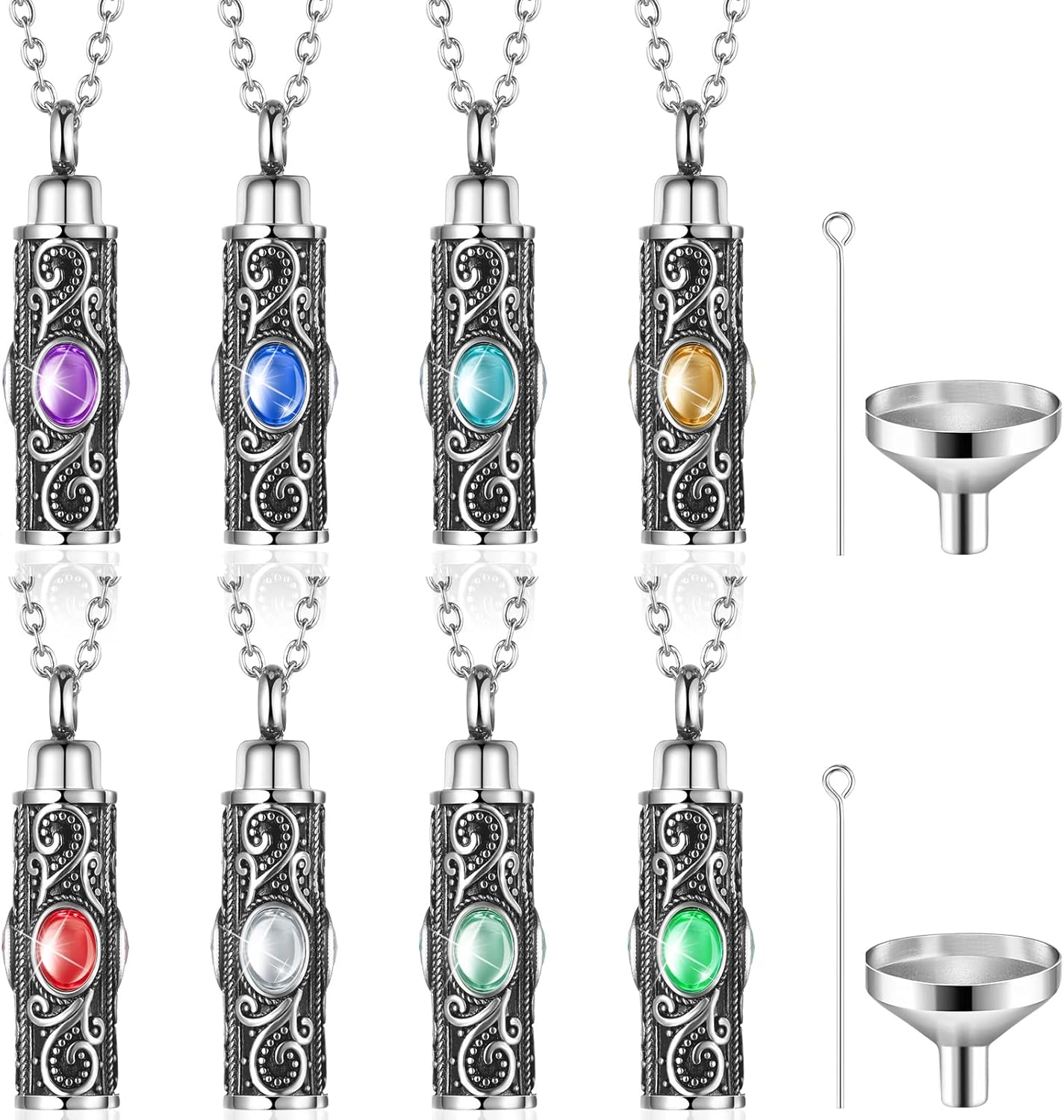 Highergo 8 Pieces Urn Necklace for Ashes Cremation Jewelry Cylinder Crystal Urn Pendant Silver Stainless Steel Memorial Pendant Keepsake with Funnels Ashes Necklace for Women Memory Jewelry