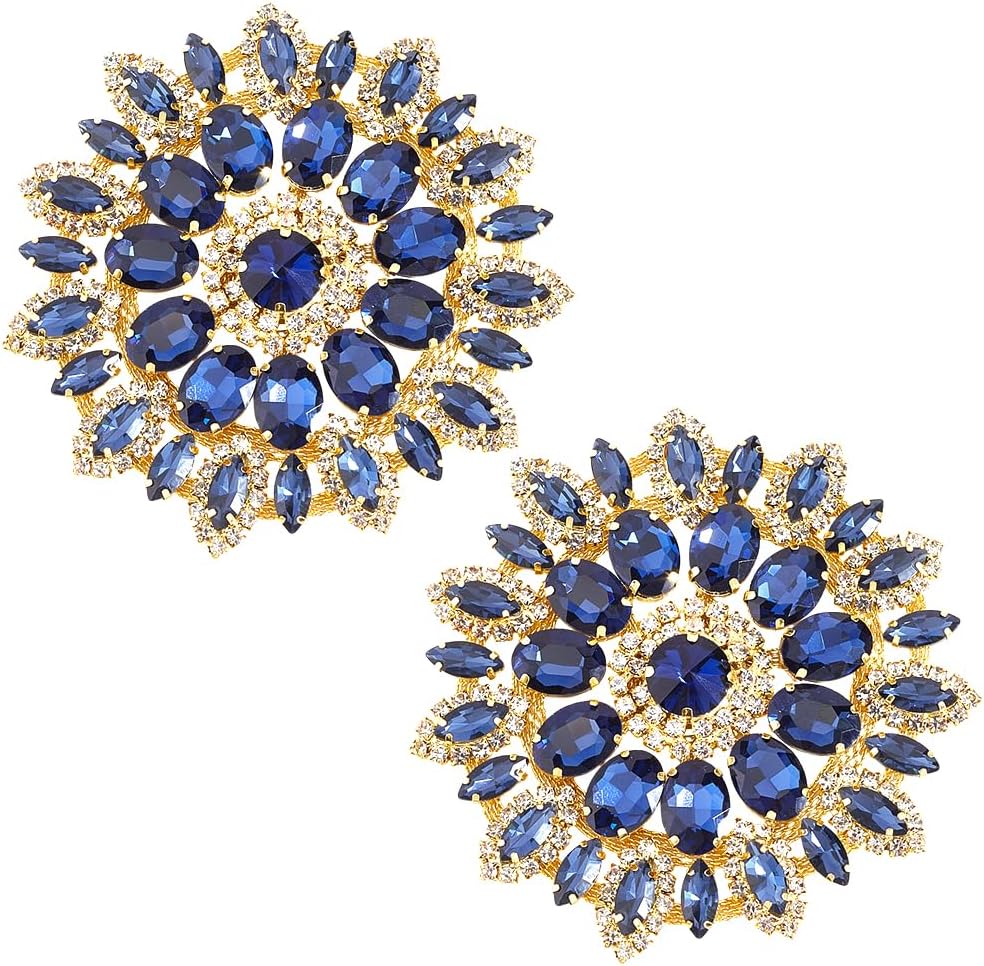 2PCS Rhinestone Flower Blue Applique Crystal Flower Patch Embellishment Sew-on Rhinestone Floral Metal Applique for Wedding Bridal Dress DIY Craft Party Costume Accessories