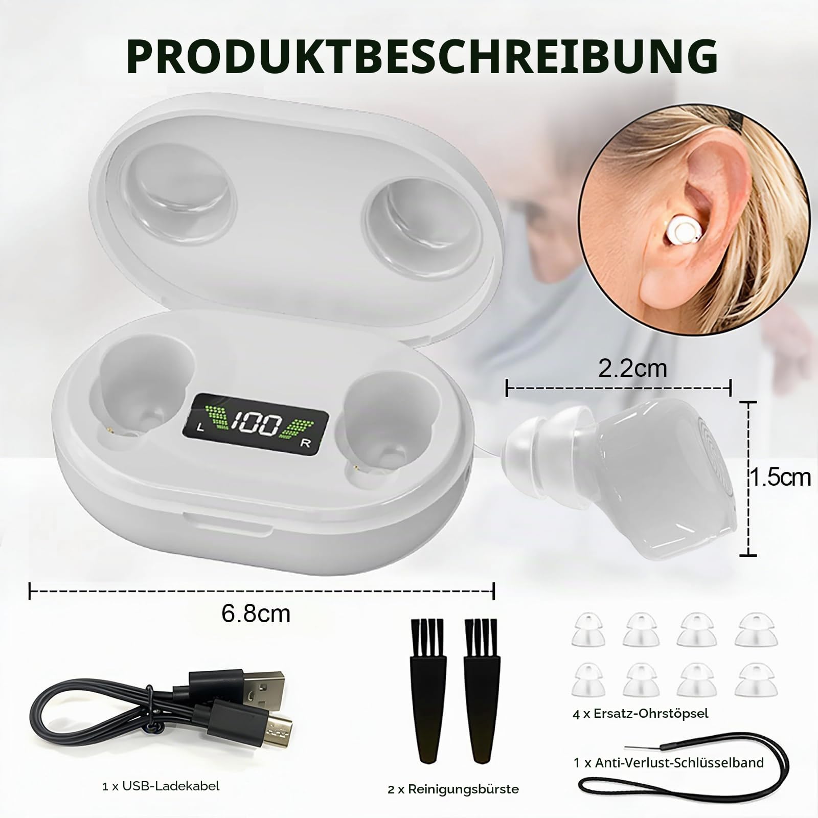 Wiederaufladbares Soundgerät für Senioren & Erwachsene, digitales Audiogerät mit 3,2 g leichtem In-Ear-Ohrhörer, Power on Anti-Heulen, Touch-Steuerung & LED-Ladehülle (Weiß)
