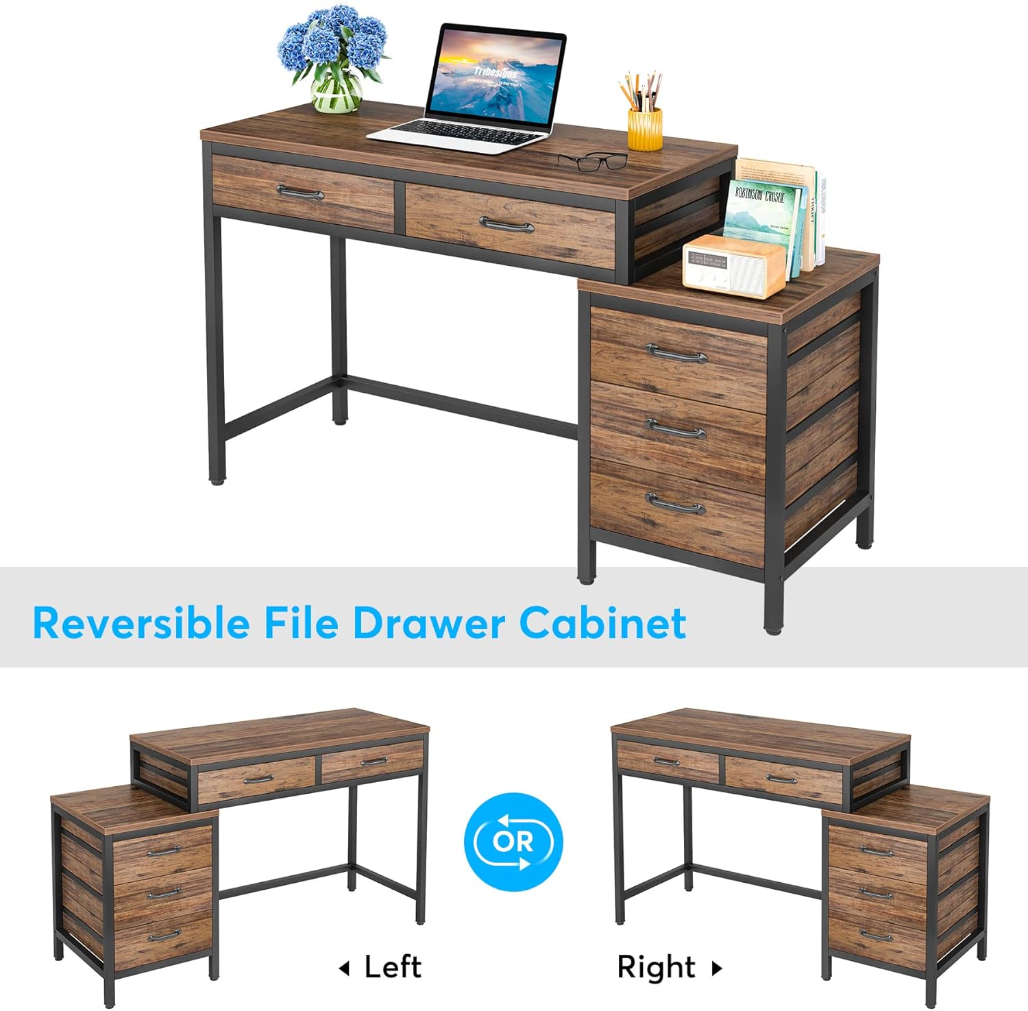 Diagram showing reversible file drawer cabinet options (left or right).