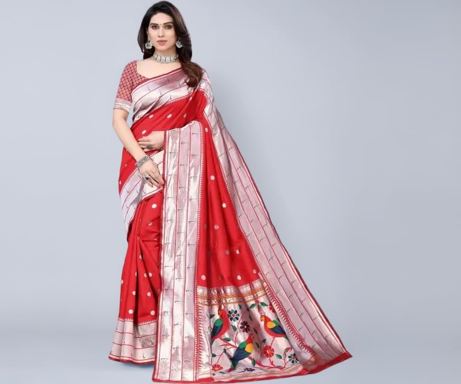 SATIKA RITI Women's Paithani Kanjivaram Pure Silk Handloom Saree Pure Silver Zari With Blouse Piece