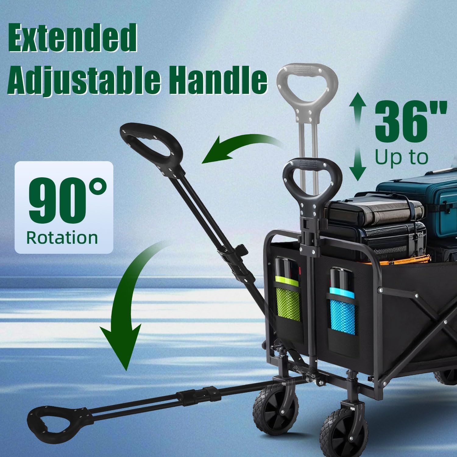 Collapsible Wagon Cart Foldable 37" L 480lbs Capacity, Heavy Duty Beach Wagon, Shopping Carts with Wheels for Grocery, Camping, Shopping, Fishing, Garden Cart