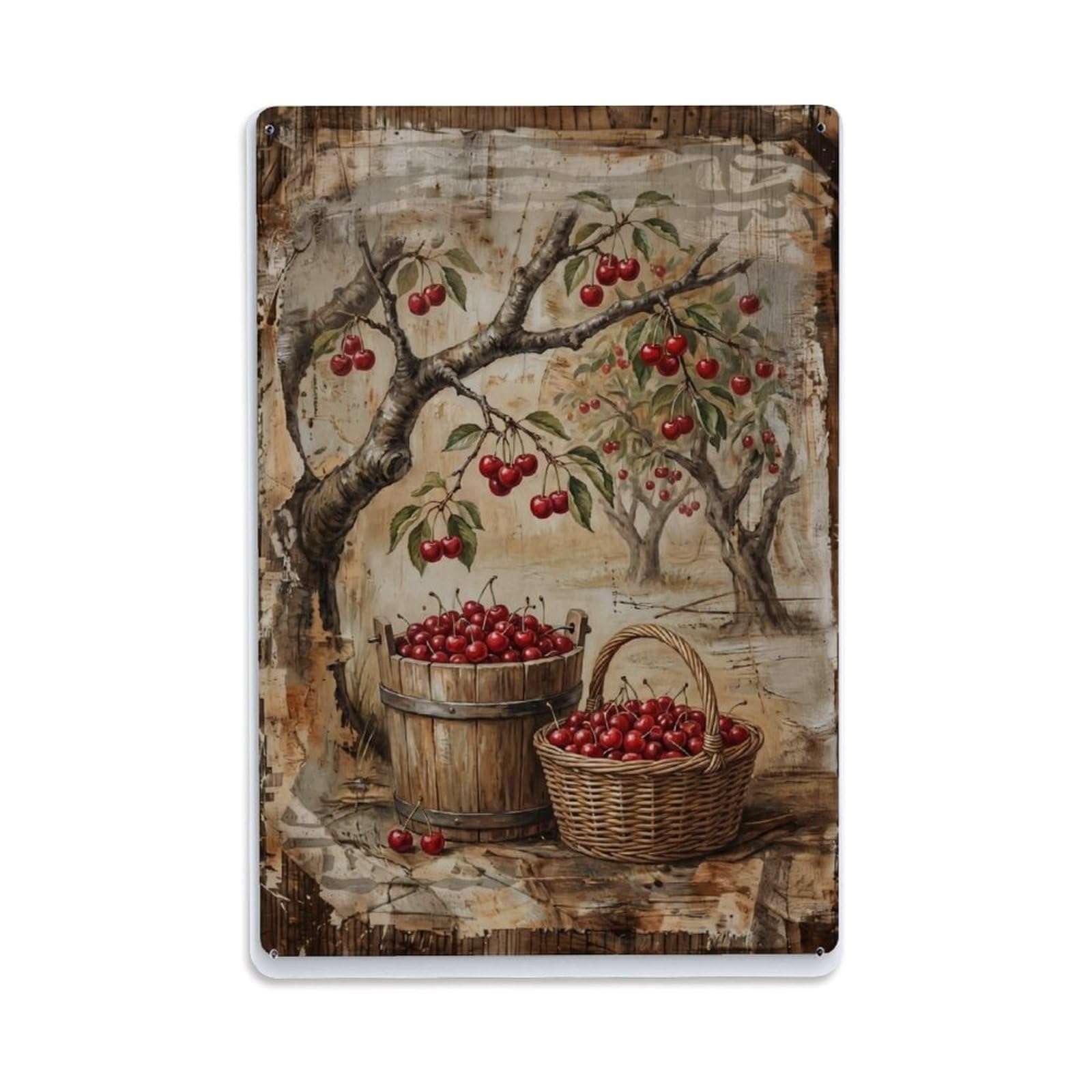 Cherry Orchard Harvest Red Fruit Countryside Picking Metal Tin Sign Plaque Wall Decor for Cafe, Club Bar, Office, Home Garden Metal Poster 8x12Inch