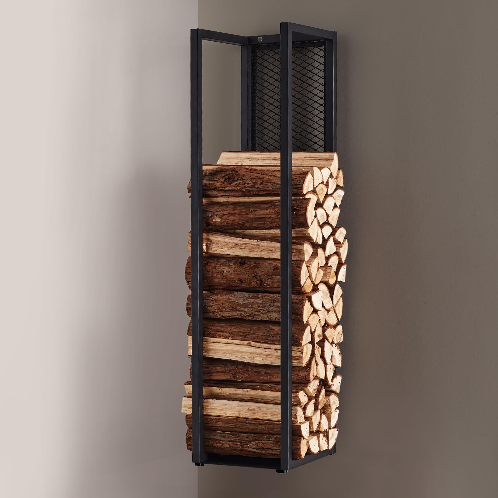 Metall Kaminholzregal Innen mit Rückwand, Wand Brennholzregal Innen 100 cm Kaminholzständer Feuerholzregal Schwarz für Kaminholz Brennholz, Kaminholzhalter Kaminholzlager innen & außen
