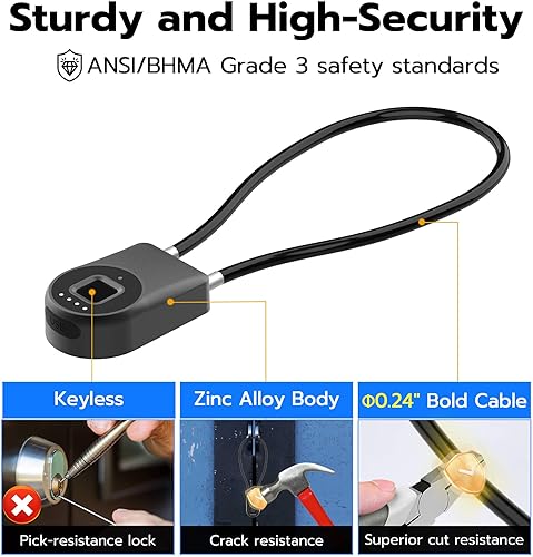 Miniatura 4 de Anweller Candado de cable de huellas dactilares, grillete pequeño de 14 pulgadas de largo, entrada sin llave, biométrico, Bluetooth, bloqueo de
