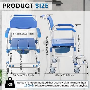 4-in-1 Rolling Shower Chair with Wheels,Waterproof Disabled Wheeled Bathroom Shower Chair for Elderly,Commode Toilet Chair with Removable Bucket, Bedside Commode Chair on Wheels for The Disabled