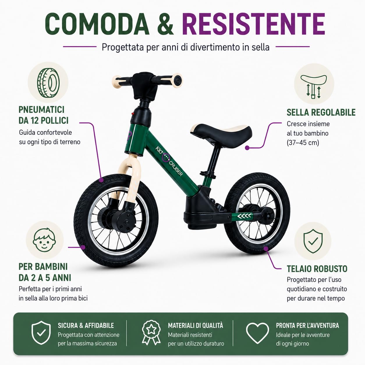 Kidcruiser Pedalplay bicicletta senza pedali 2 anni 3‑in‑1 con rotelle LED e pedali, telaio modulare
