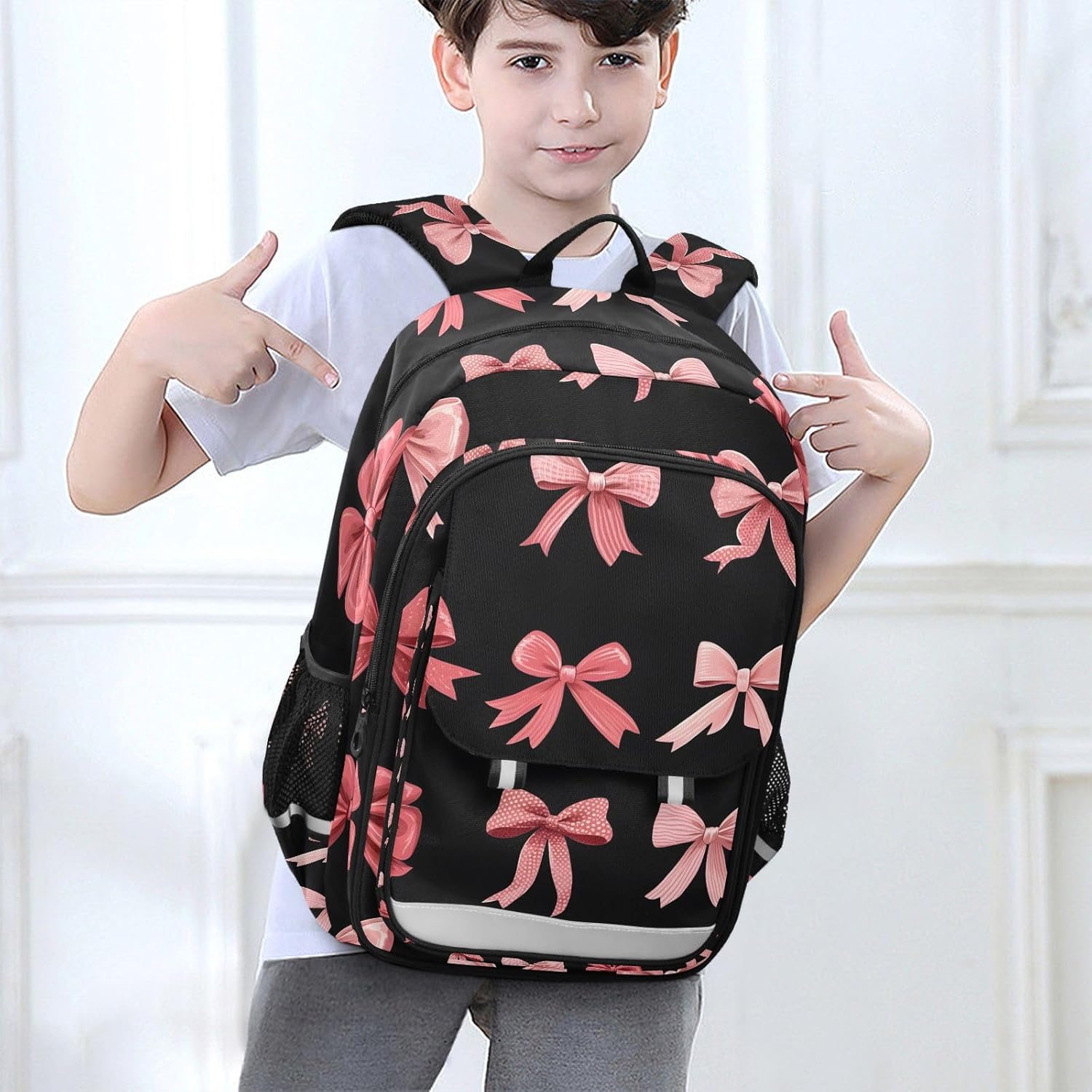 Pink Bow Black Laptop Backpack Purse for Women Men School Bag 17 Inch Bookbag Student Boys Girls Travel Casual Daypack