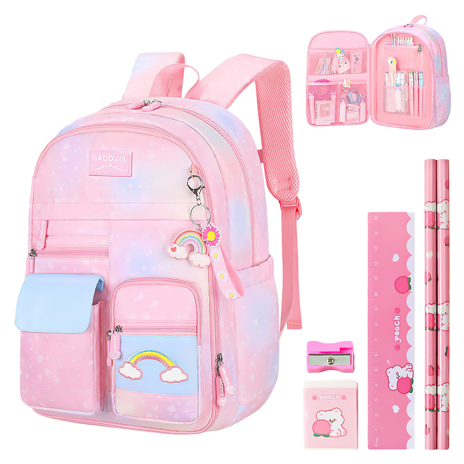 ODAWA Zaino Scolastico Per Ragazze E Ragazzi - 33x22x45 Cm - Leggero, Con Tasche E Cinghia Pettorale - Per Scuola Elementare