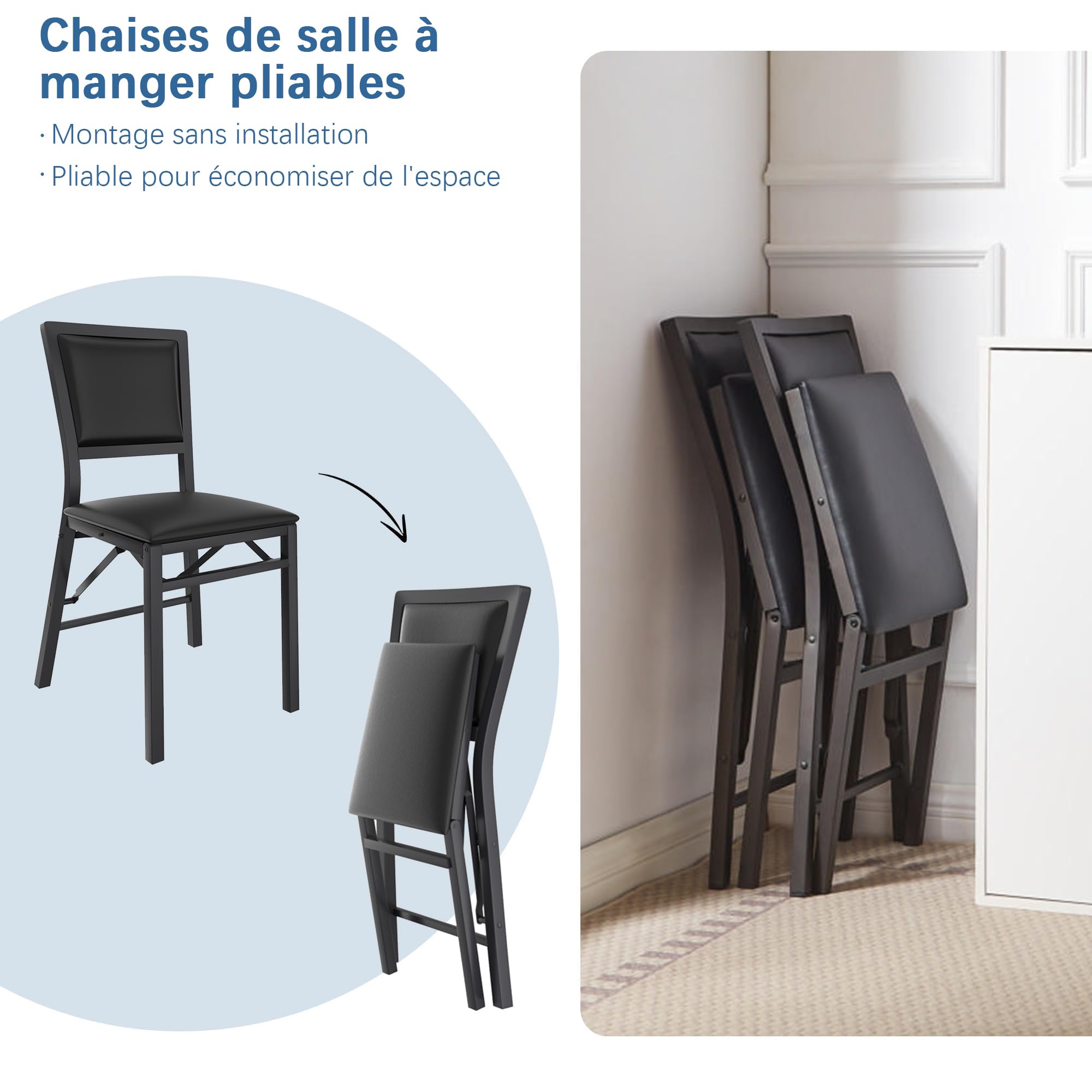 VECELO Lot de 4 Chaises Pliantes Rembourrées pour Salle à Manger, Assise Matelassée, Cadre Métallique Résistant, Meuble de Repas sans Montage Gain de Place pour Cuisine Salon, Noir