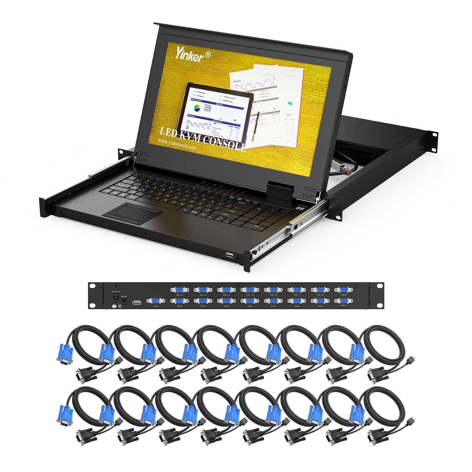 Console KVM LCD 16 ports à montage en rack, commutateur KVM Yinker VGA avec écran LCD de 15,6", convient pour armoire serveur réseau 1U 19" de 600 mm de profondeur avec clavier, pavé tactile, tiroir