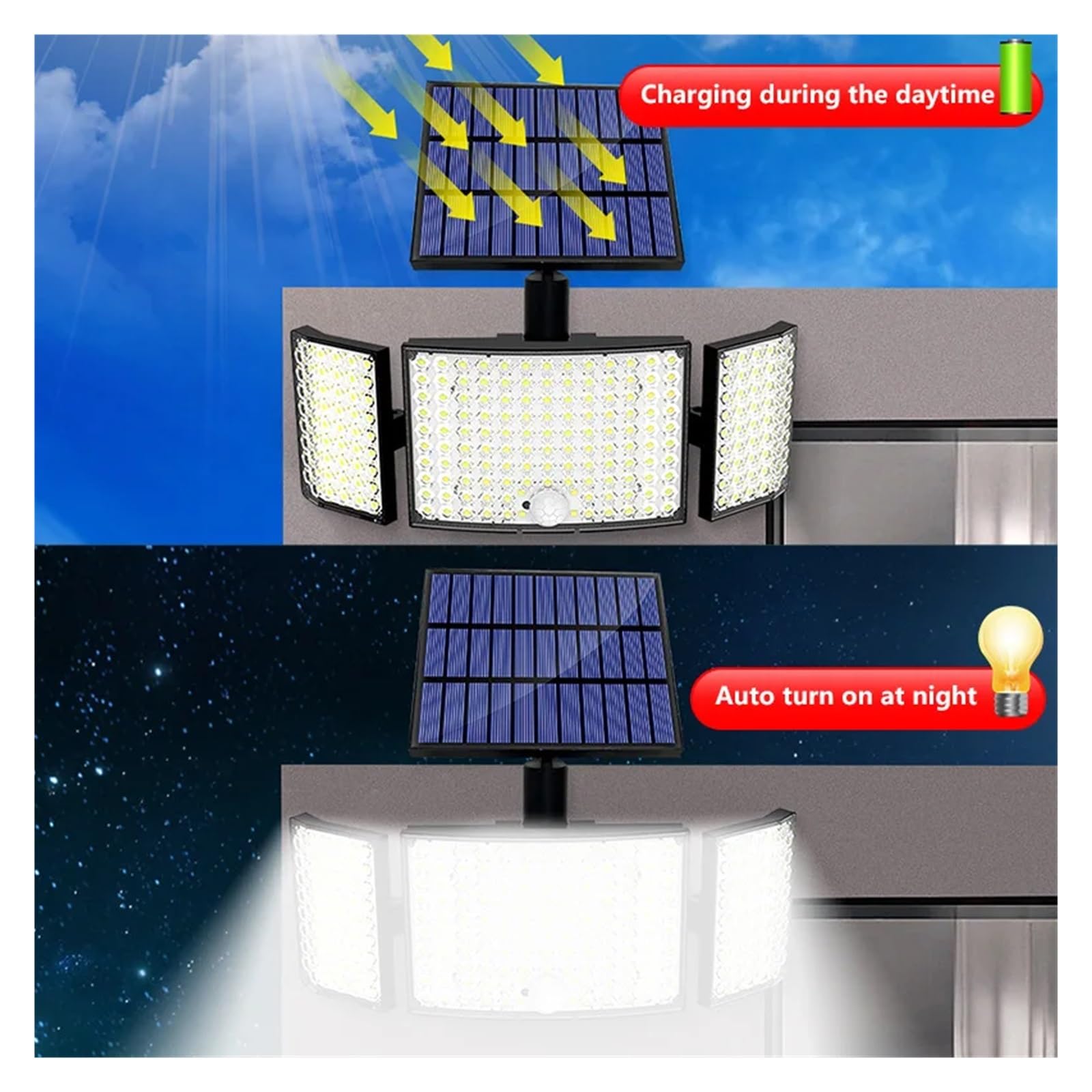 Lampa solarna zewnętrzna, 234 LED Solar Security Lights IP65 Wodoodporna lampa ścienna Split Czujnik ruchu 3 boczne oświetlenie Zewnętrzne oświetlenie przeciwpowodziowe(234 LED)